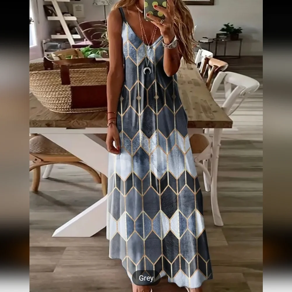 Argyle Print Spaghetti Dress, Vacation Sleeveless Summer Beach Maxi Dress, Women - Picture 1 of 3